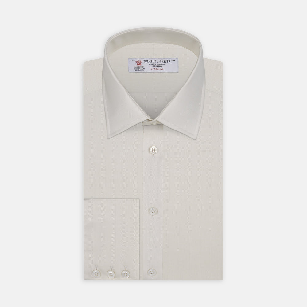 Cream Herringbone Superfine Cotton Shirt with T&A Collar and 3-Button Cuffs