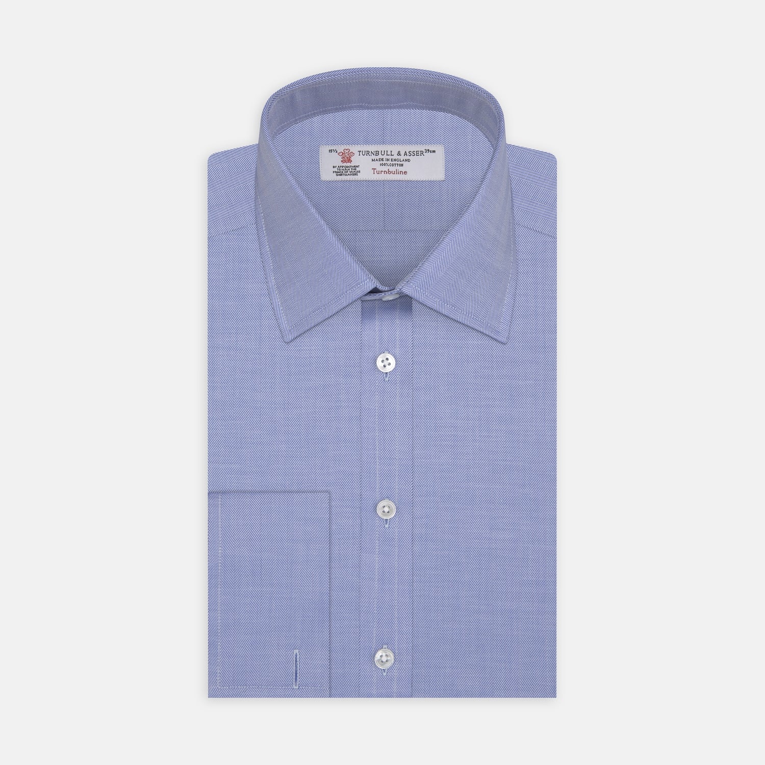 Blue Herringbone Superfine Cotton Shirt with T&A Collar and Double Cuffs