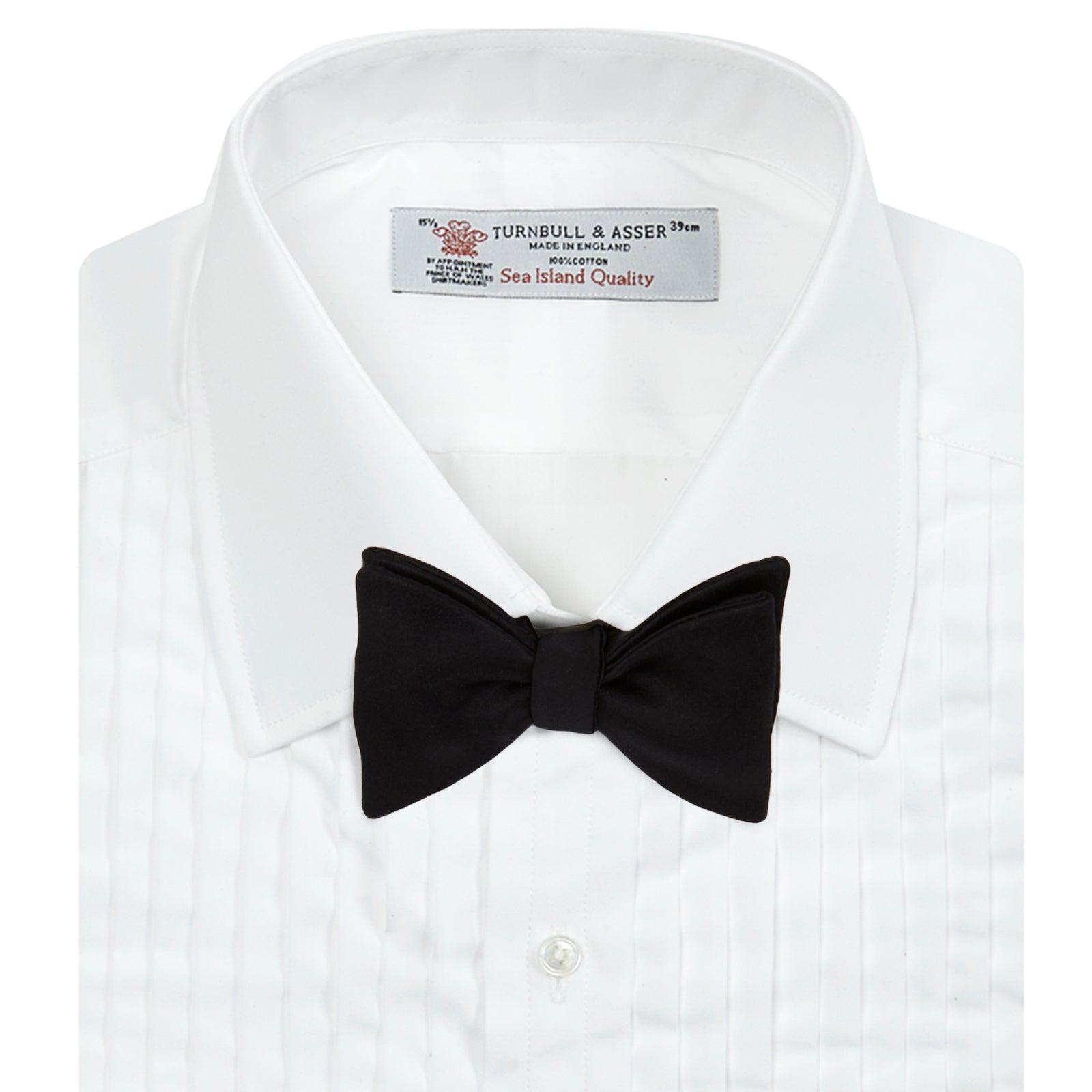 View 4 of product The Turnbull & Asser White Sea Island Quality Cotton Dress Shirt features a T&A collar and double cuffs, elegantly displayed on a light gray background.