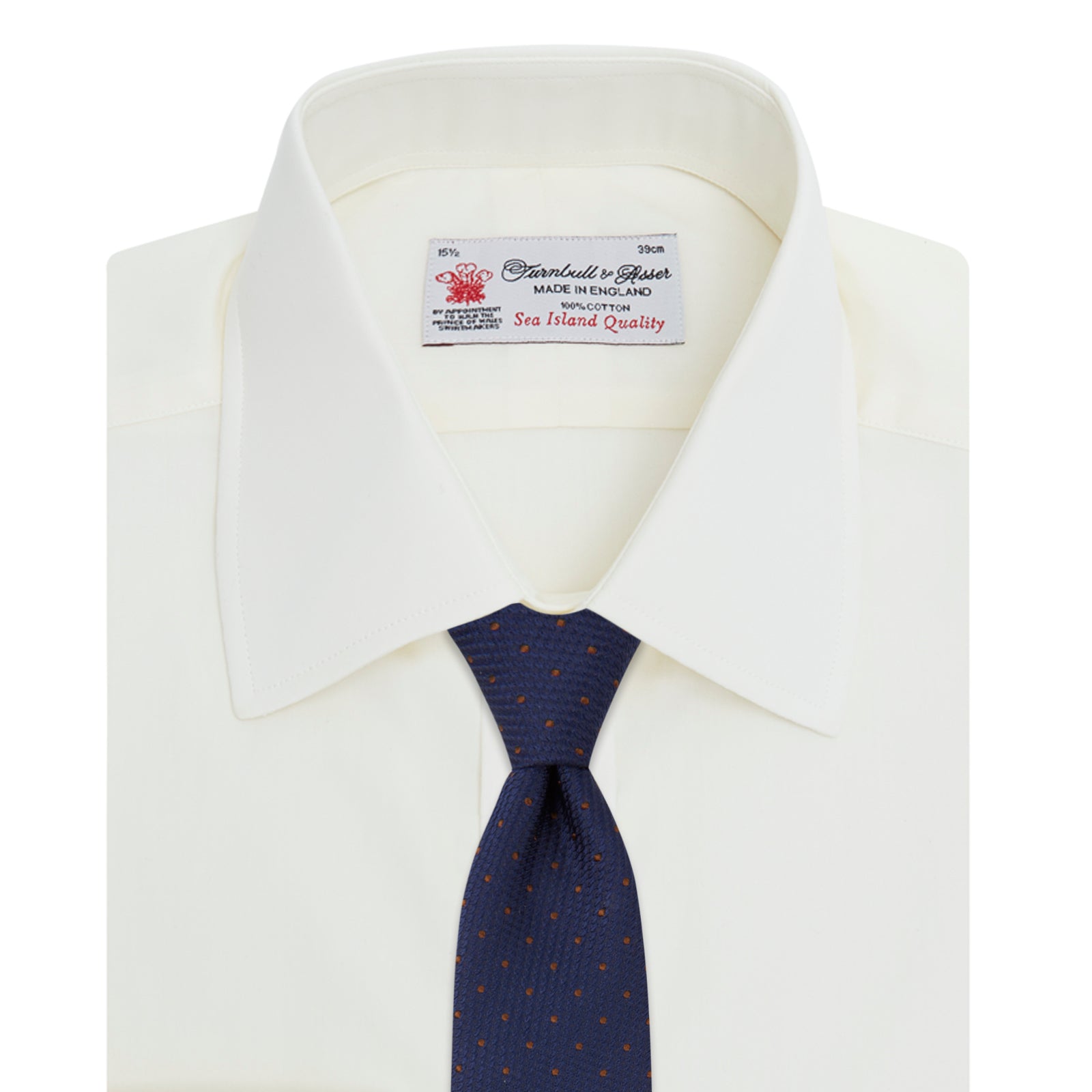 View 4 of product The Turnbull & Asser Cream Sea Island Quality Cotton Shirt features a T&A collar, double cuffs, and a button-down front, elegantly displayed against a white background.