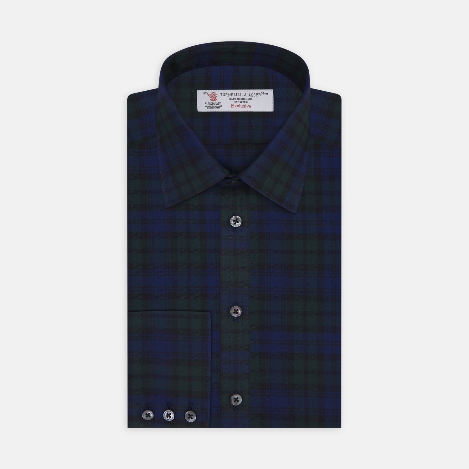 View 1 of product The Turnbull & Asser Blackwatch Brushed Cotton Shirt features a T&A collar, button cuffs, and a stylish dark blue and green plaid—perfect for any seasonal collection. Displayed here neatly folded on a plain white background.