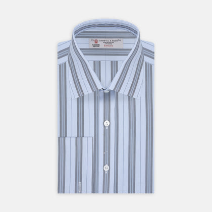 Grey, Turquoise and Sky Blue Mixed Stripe Shirt with T&A Collar and Double Cuffs