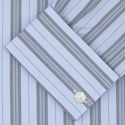 Grey, Turquoise and Sky Blue Mixed Stripe Shirt with T&A Collar and Double Cuffs Image 3