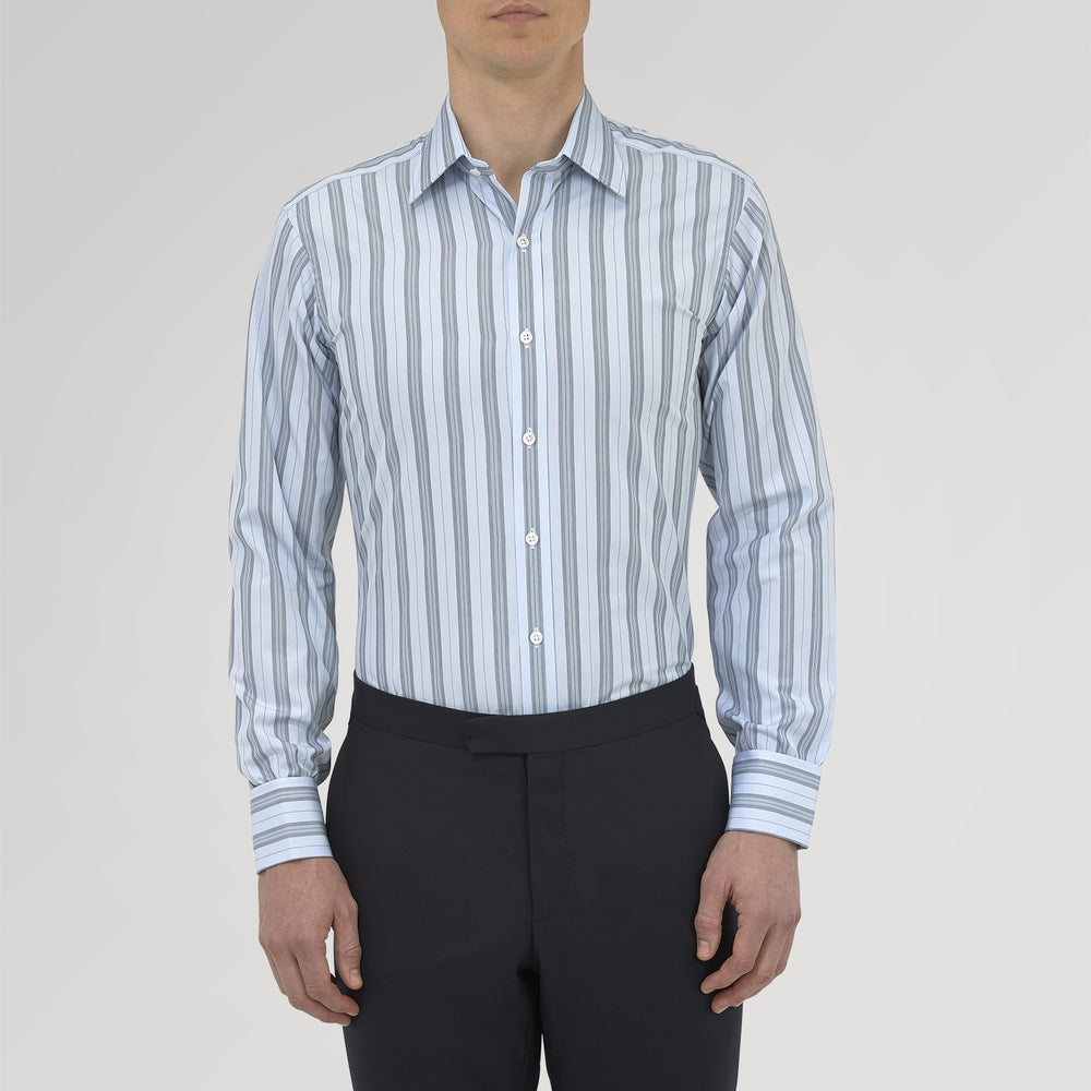 The Turnbull & Asser Grey, Turquoise and Sky Blue Mixed Stripe Shirt features a T&A collar, double cuffs, and elegant vertical stripes, neatly displayed on a plain light background.