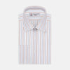 View 2 of product Turnbull & Asser's White, Brown and Blue Double Stripe Cotton Fabric features alternating thin vertical stripes in blue and brown on white, displayed inside a circular gray border against a light background.