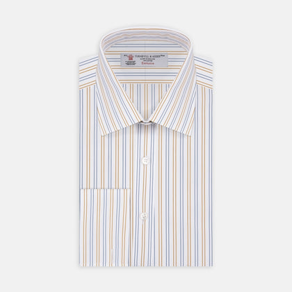 White, Gold and Blue Double Stripe Cotton Fabric