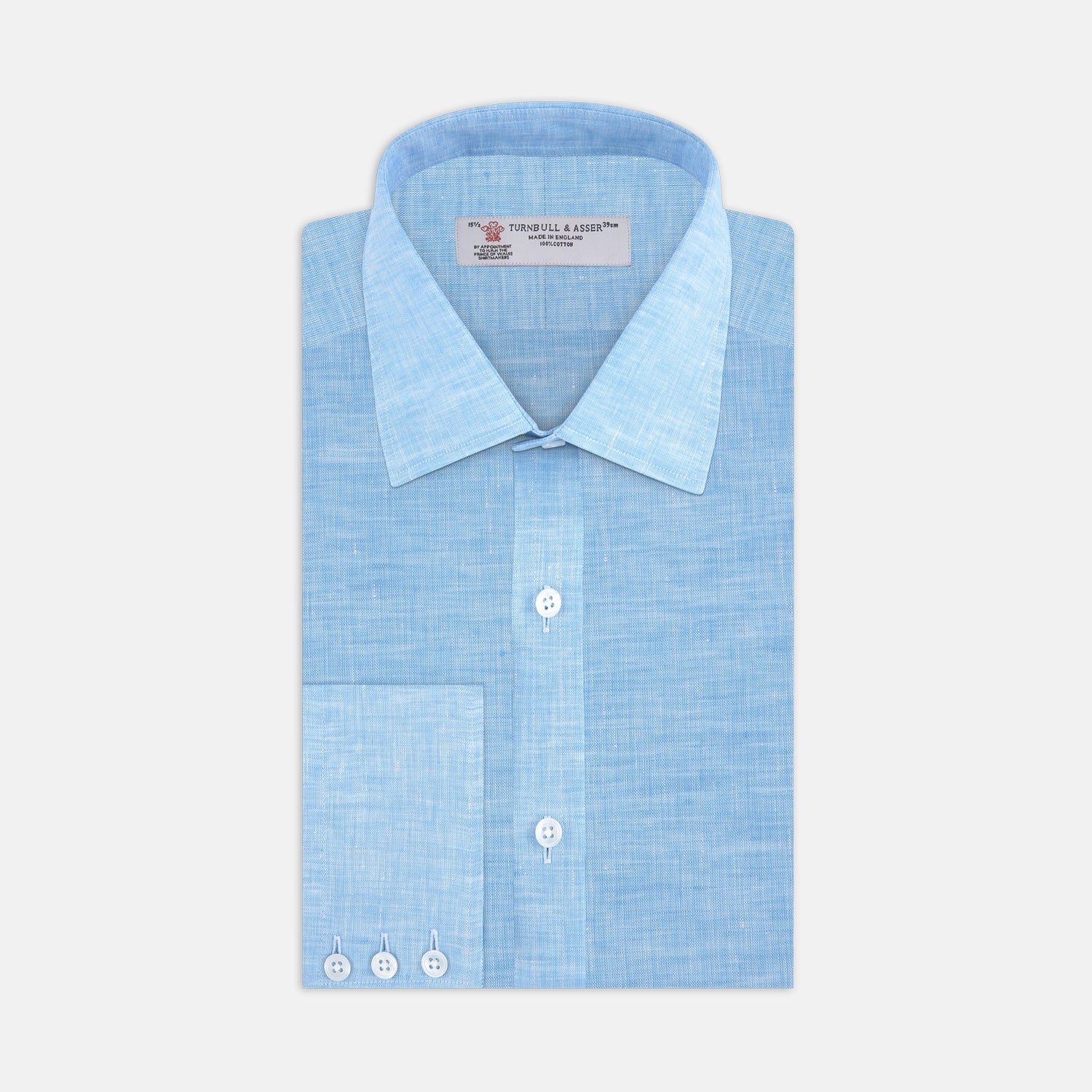 View 1 of product The Turquoise Linen Shirt by Turnbull & Asser features a T&A collar and 3-button cuffs, neatly displayed on a white background—an elegant summer essential for effortless style.
