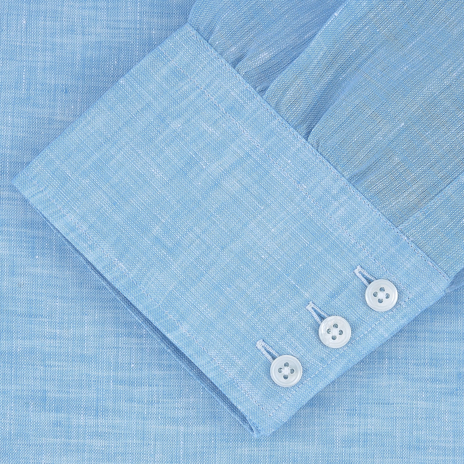 View 4 of product The Turquoise Linen Shirt by Turnbull & Asser features a T&A collar and 3-button cuffs, neatly displayed on a white background—an elegant summer essential for effortless style.