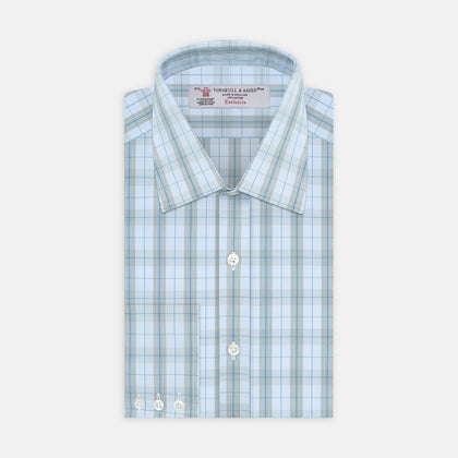 Grey, Turquoise and Sky Blue Mixed Check Shirt with T&A Collar and 3-Button Cuffs