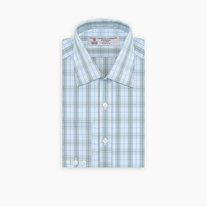 Grey, Turquoise and Sky Blue Mixed Check Shirt with T&A Collar and 3-Button Cuffs Image 2