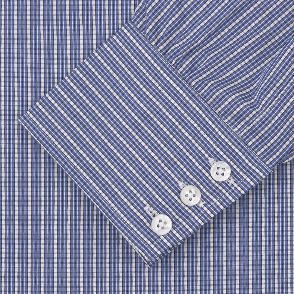 The Turnbull & Asser Navy Rich Check Shirt features a T&A collar, 3-button cuffs, and a checked pattern, shown laid flat on a white background.