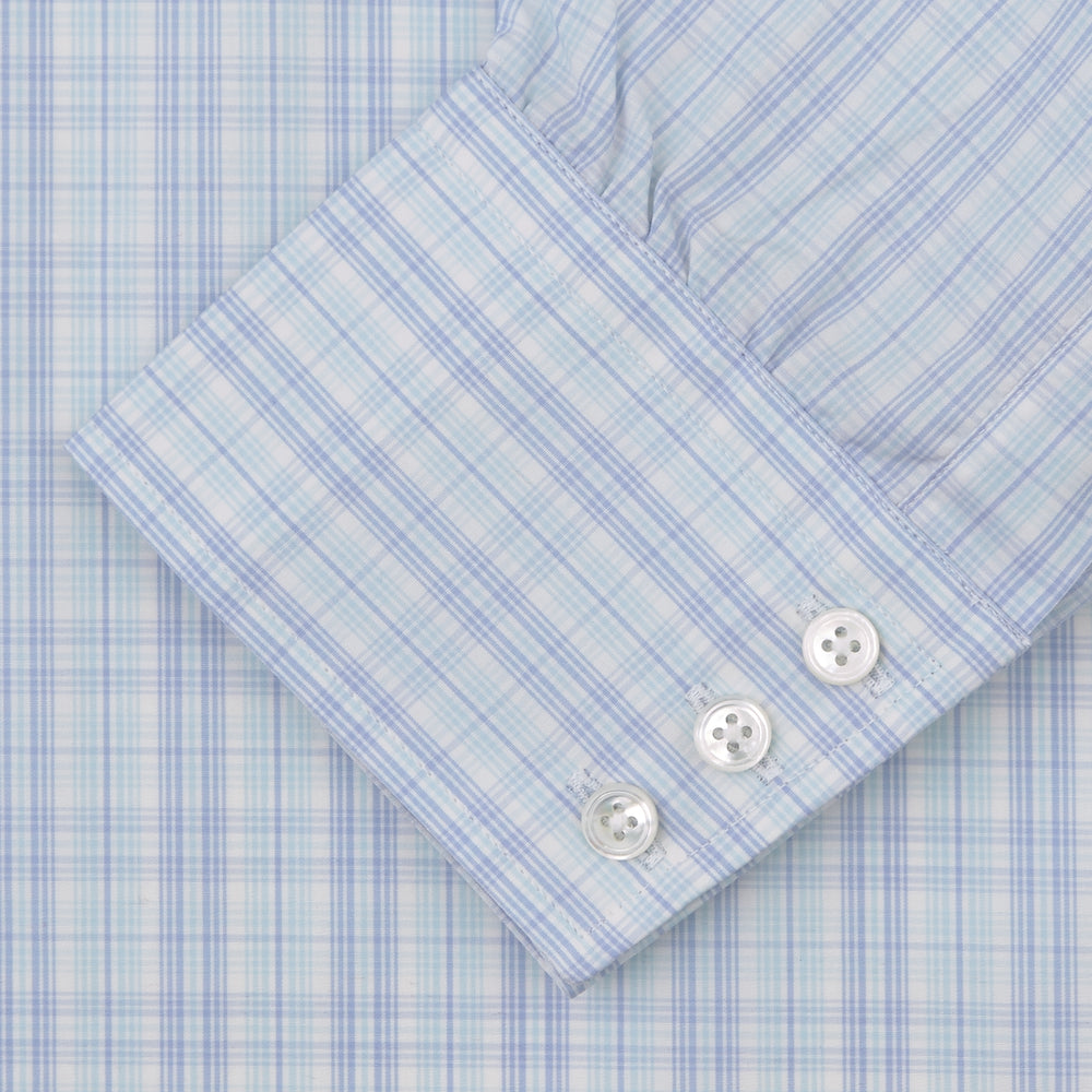 The Turnbull & Asser Blue and Green Business Plaid Check Shirt features a classic T&A collar and 3-button cuffs, displayed on a light grey background.