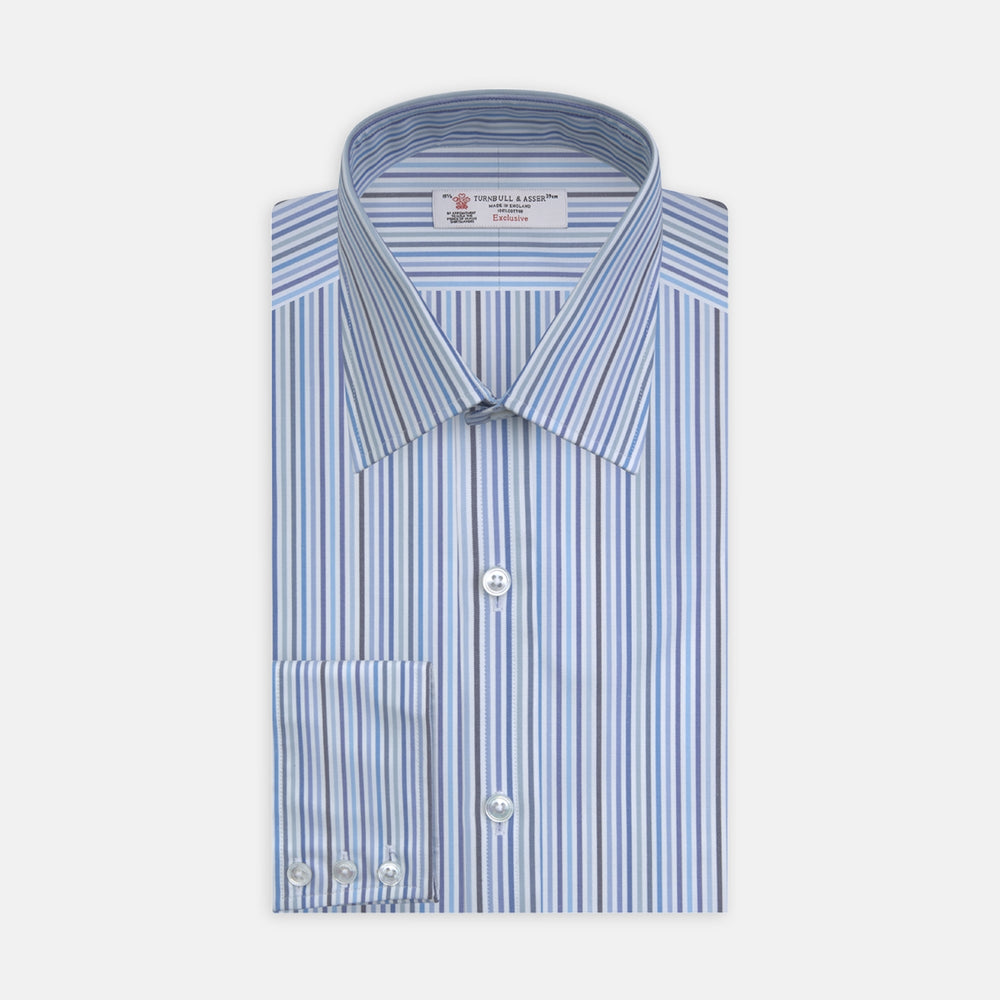 Blue and White Graph Stripe Shirt with T&A Collar and 3-Button Cuffs