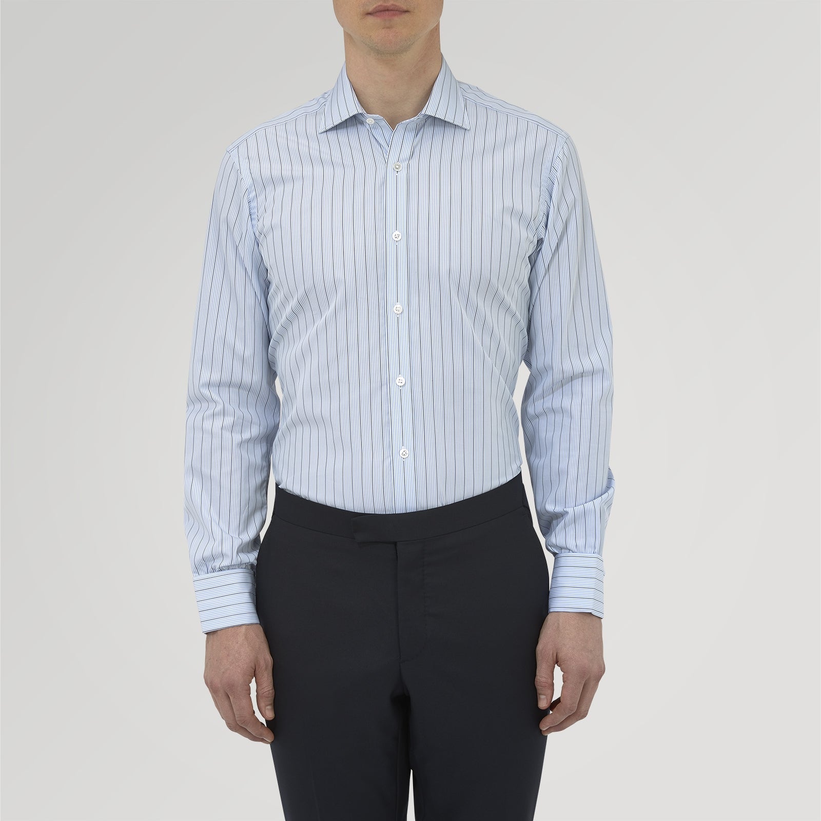 View 2 of product The Turnbull & Asser Sky Blue and Turquoise Pinstripe Shirt, featuring a Regent collar and double cuffs, is neatly displayed against a plain white background.