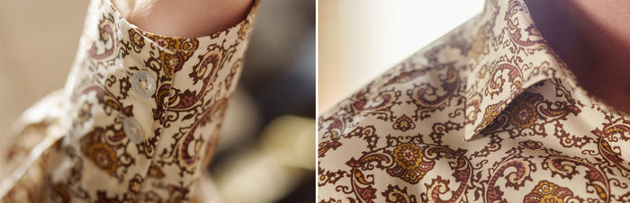 Close-up photos of a beige shirt with a paisley pattern in brown, gold, and pink tones, showing details of the buttoned cuff on the left and the collar on the right.