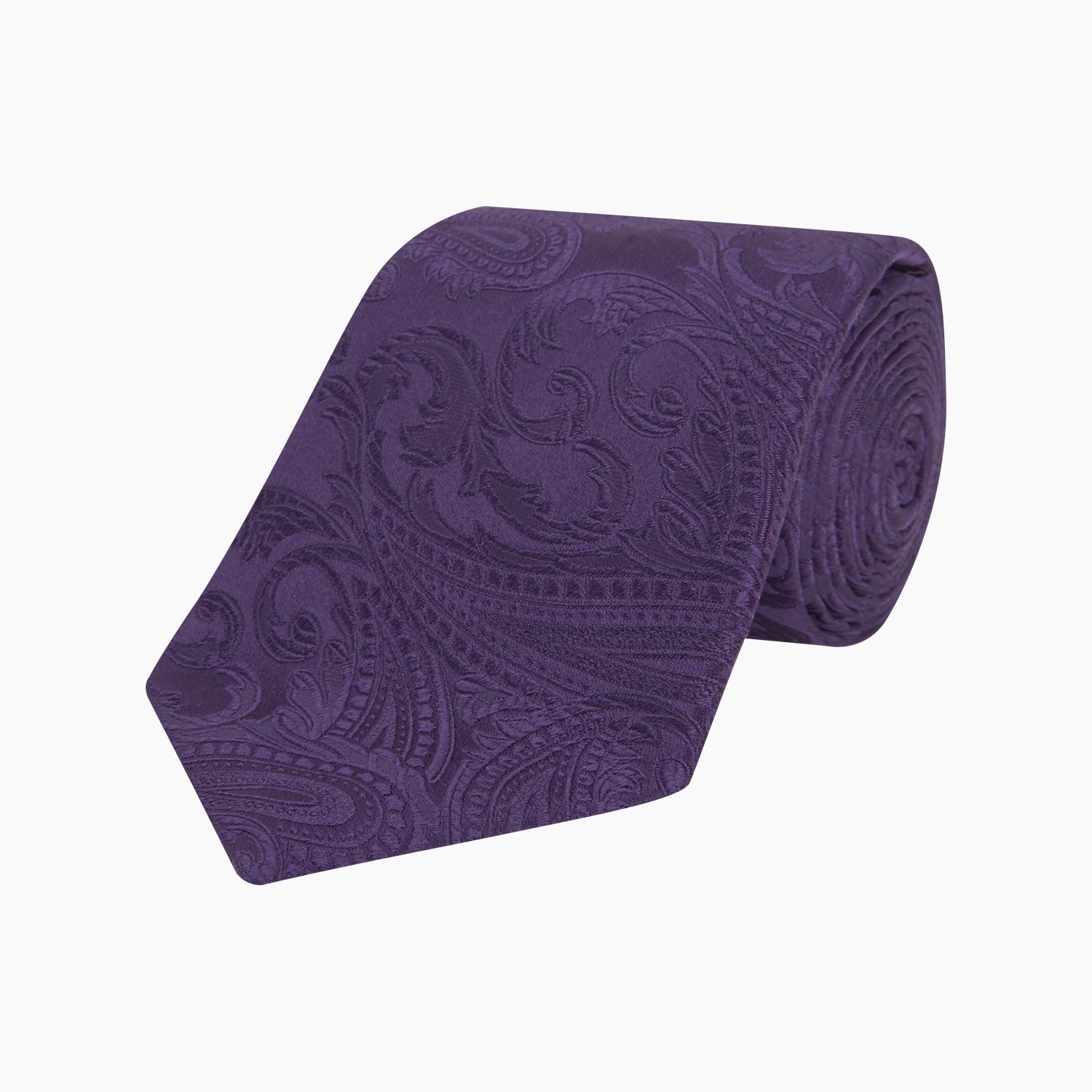 View 1 of product The Turnbull & Asser Purple Paisley Silk Tie, shown rolled on a white background, features an elegant paisley design—a stylish statement piece for any occasion.