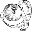A black and white drawing of a retractable tape measure, with the tape partially unspooled and showing measurements, including “LONDON METRE” written on it.