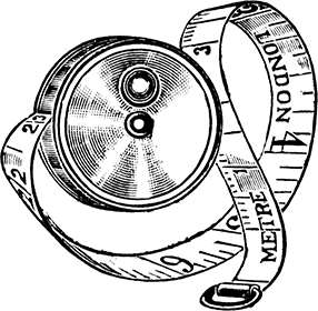 A black and white illustration of a retractable tape measure labeled Mètre and London, with the numbered tape partially extended in a loose curve.