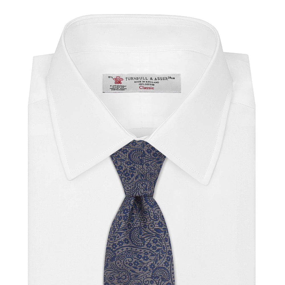 White and Navy Tonal Paisley Silk Tie