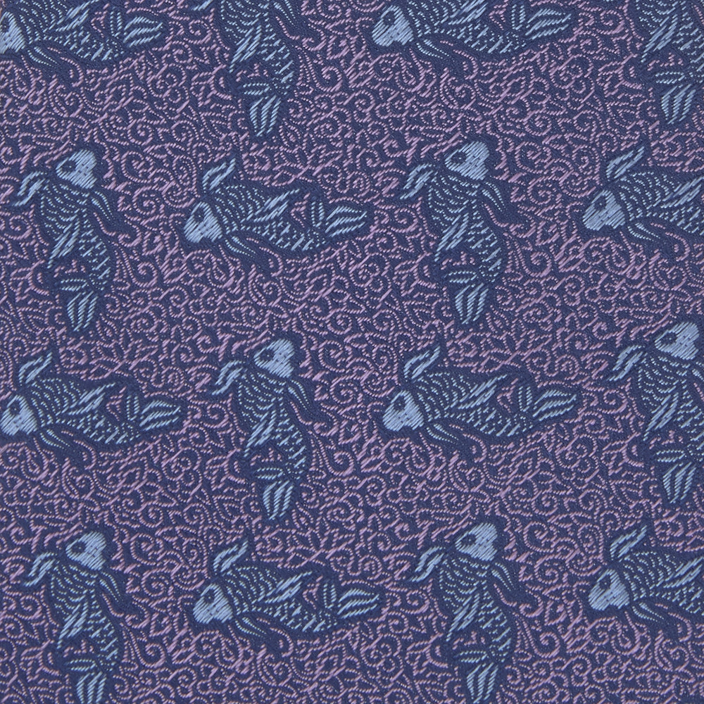 The Turnbull & Asser Purple Carp Silk Tie, woven in England, features blue koi fish and swirling patterns on purple silk and is shown against a plain white background.