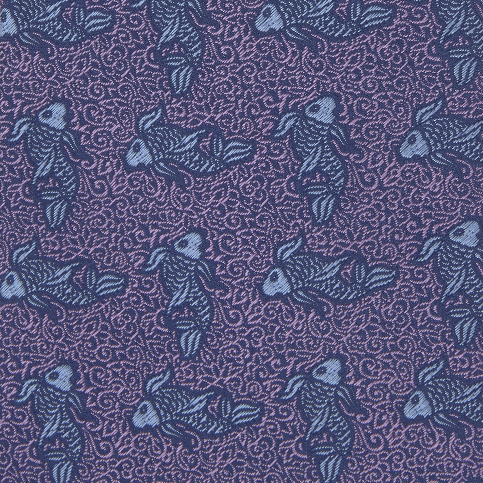 View 3 of product The Turnbull & Asser Purple Carp Silk Tie, woven in England, features blue koi fish and swirling patterns on purple silk and is shown against a plain white background.