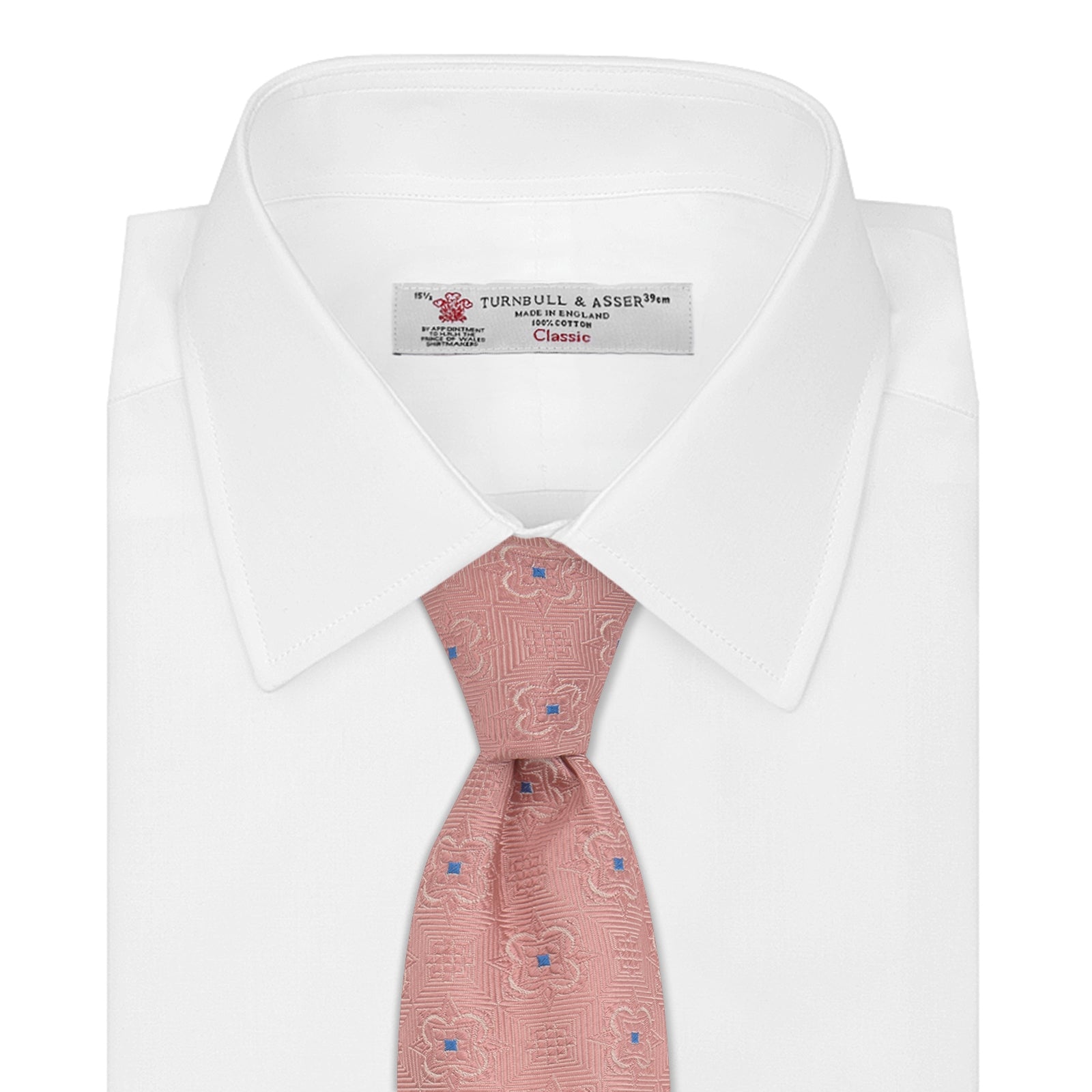 View 2 of product The Pink Flower Mosaic Silk Tie by Turnbull & Asser features a subtle jacquard texture with small blue floral accents, shown on a white background.