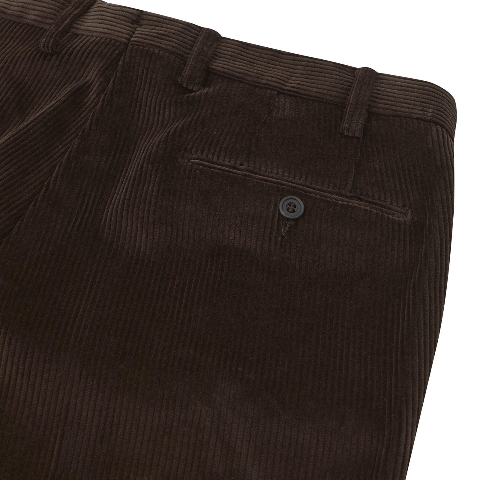 View 2 of product Turnbull & Asser’s Chocolate Brown Corduroy Trousers feature a straight-leg cut, side pockets, and belt loops—ideal for upgrading your winter wardrobe—shown against a plain white background.