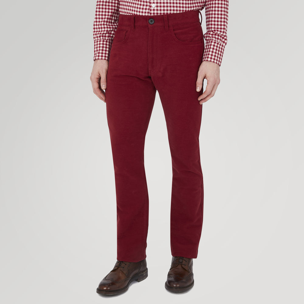 Turnbull & Asser Hanley Maroon Moleskin 5-Pocket Trousers shown on a white background, with front pockets, button closure, and belt loops.