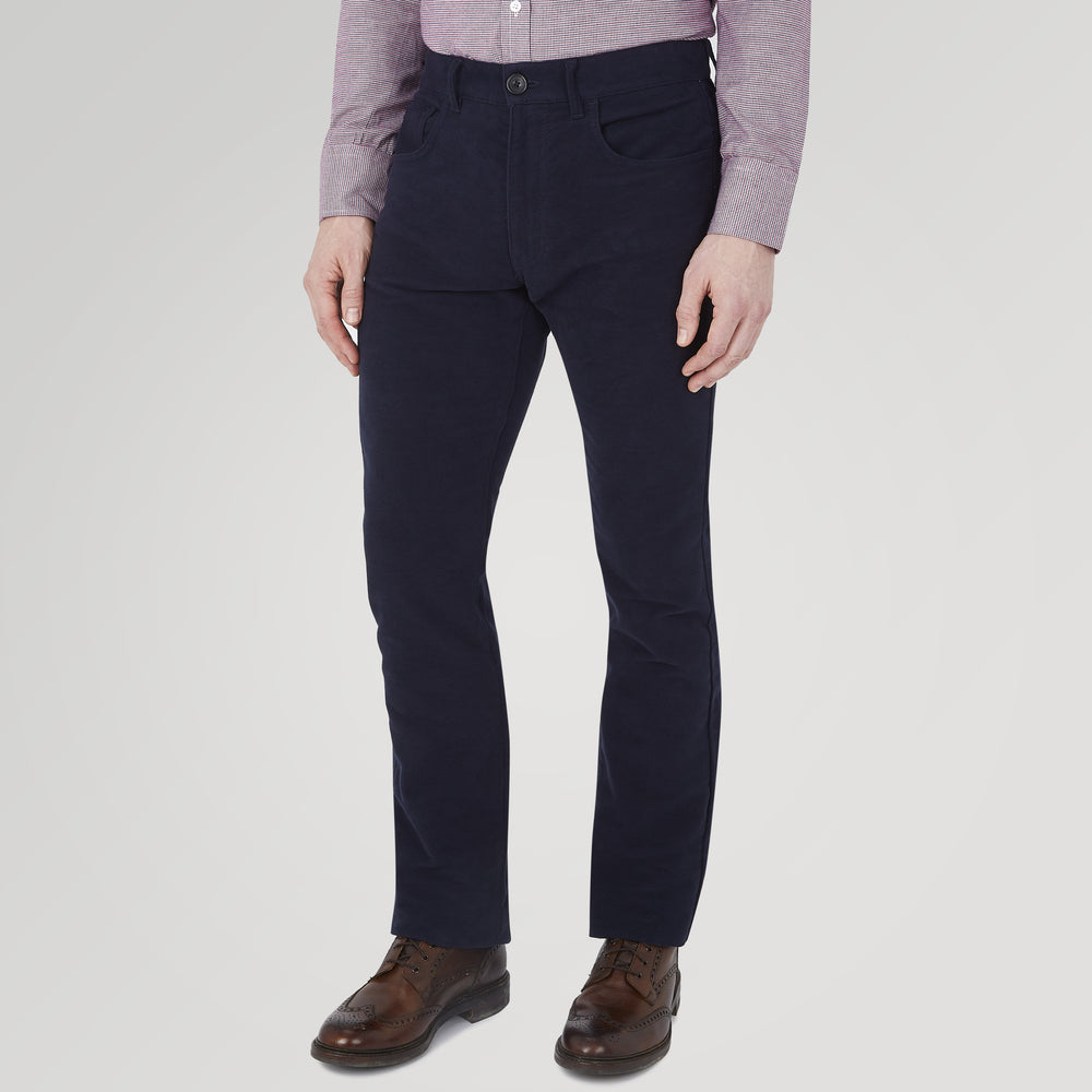 The Hanley Navy Moleskin 5-Pocket Trousers by Turnbull & Asser feature a classic straight-leg fit with front and back pockets, button and zip closure—versatile navy trousers shown against a white background.