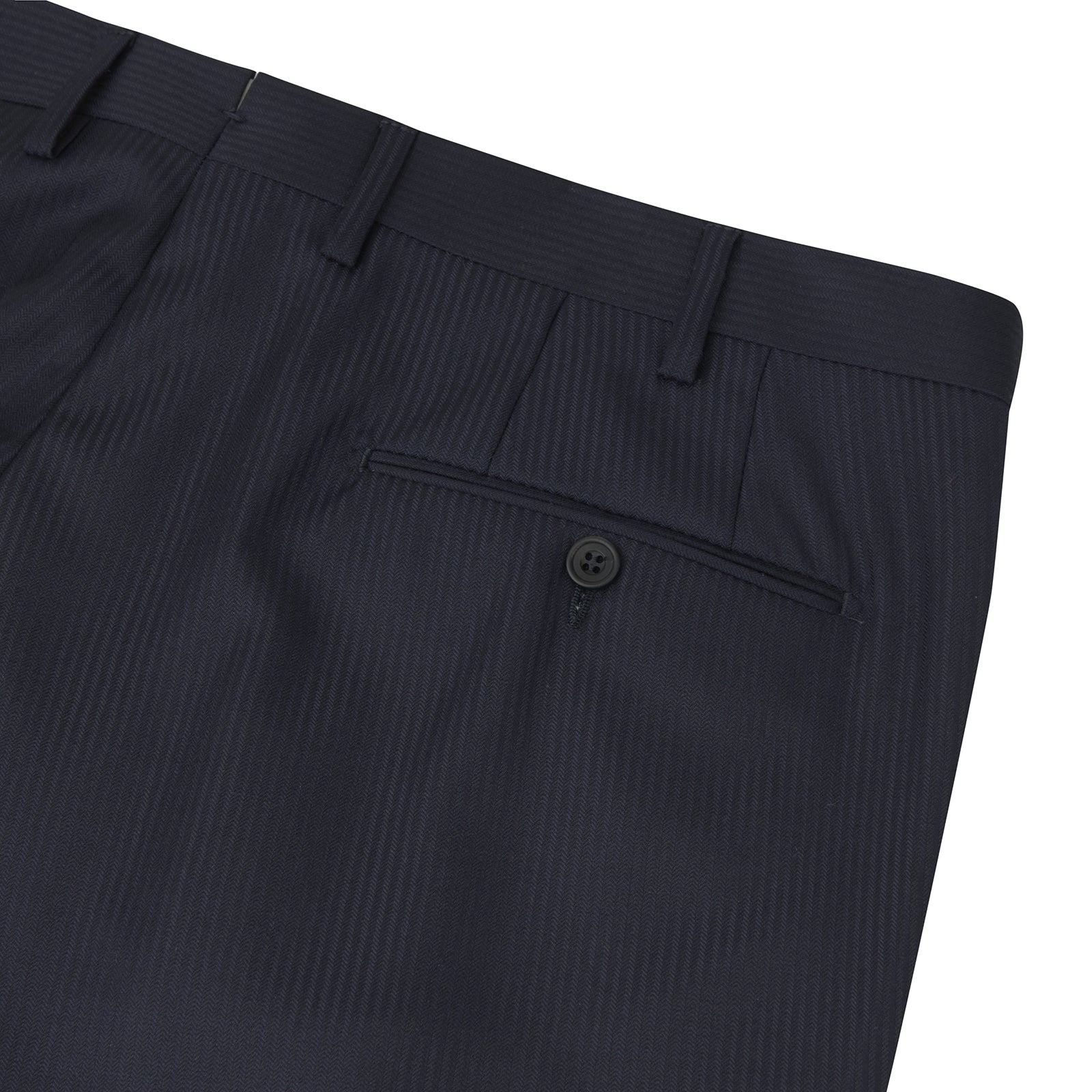 View 2 of product Turnbull & Asser Navy Worsted Wool Pleated Formal Trousers feature a straight leg, front zipper, and button closure, shown against a plain white background.