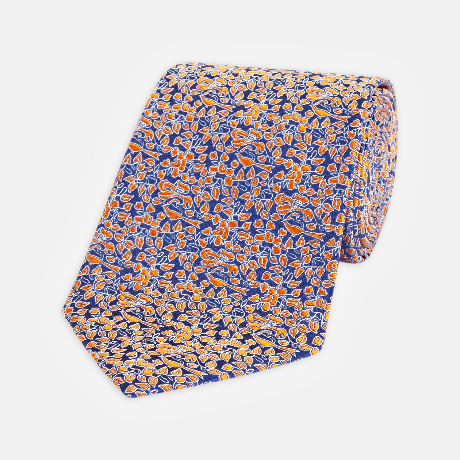 Floral Birds Orange and Navy Silk Tie