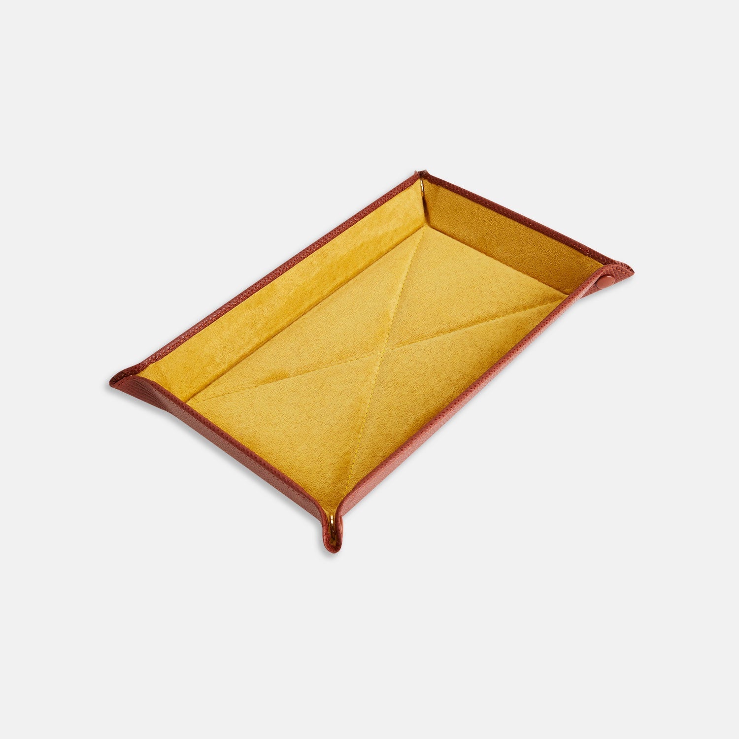 View 1 of product The Turnbull & Asser Brown and Yellow Rectangular Leather Travel Tray keeps small accessories organized—an essential packing item with raised edges, brown exterior, and yellow interior—shown on a white background.