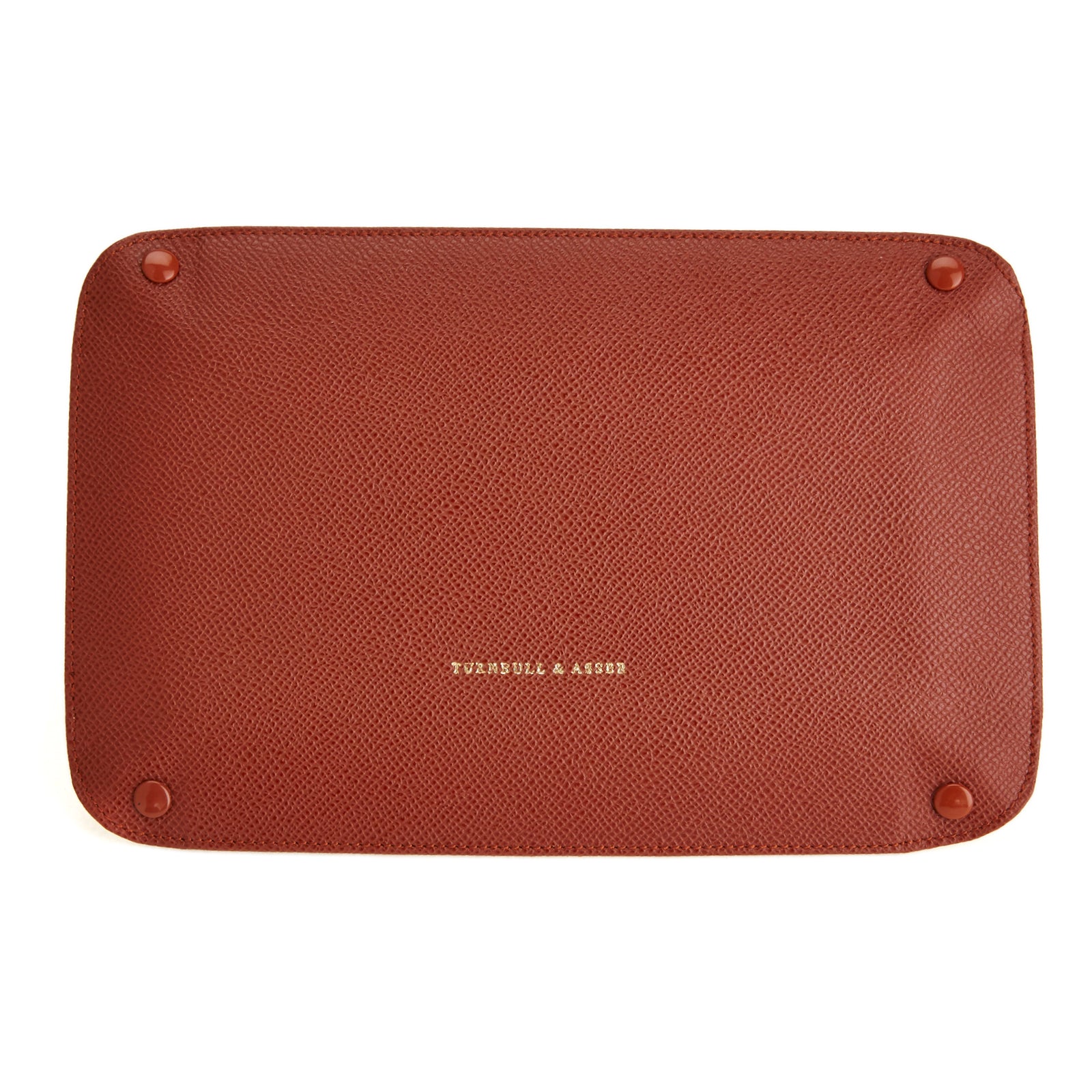 View 2 of product The Turnbull & Asser Brown and Yellow Rectangular Leather Travel Tray keeps small accessories organized—an essential packing item with raised edges, brown exterior, and yellow interior—shown on a white background.