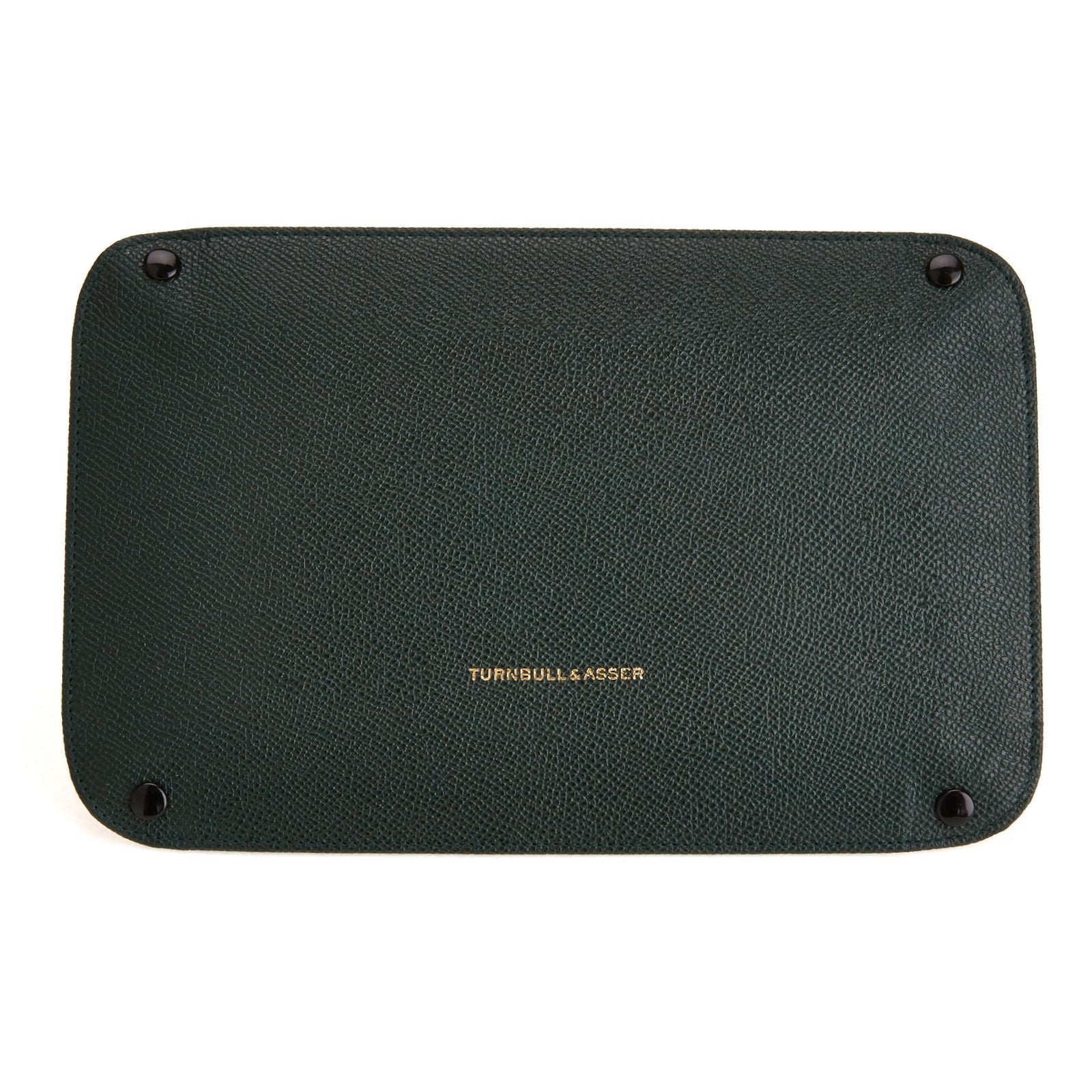 View 2 of product The Turnbull & Asser Dark Green and Red Rectangular Leather Travel Tray, featuring raised edges and a vibrant red suede interior, is perfect for organizing small accessories and essentials. Displayed on a white background.