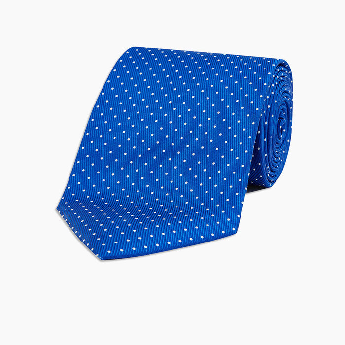 Royal Blue and White Small Spot Printed Silk Tie Image 4