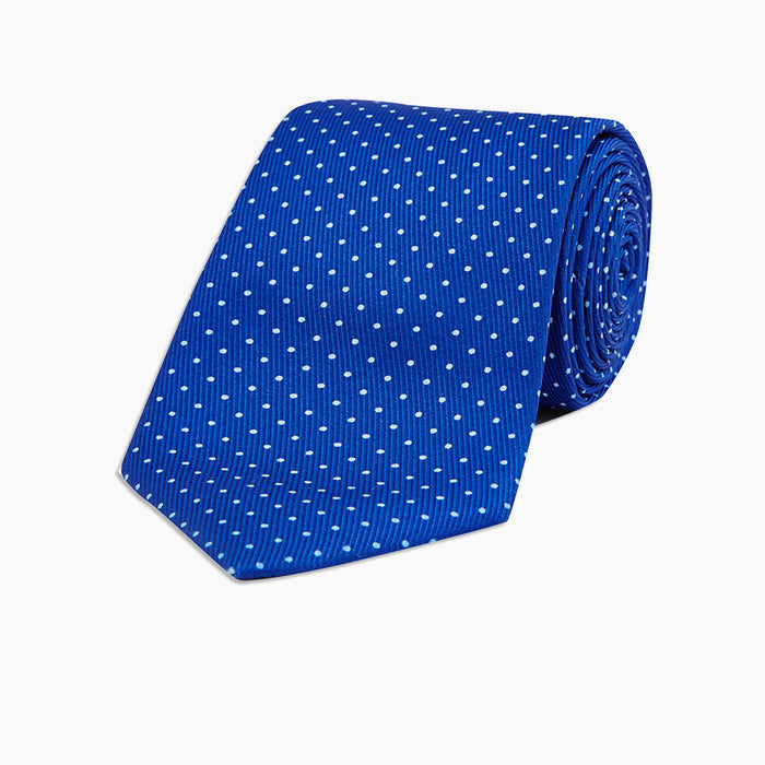Slim Royal Blue and White Small Spot Printed Silk Tie Image 4