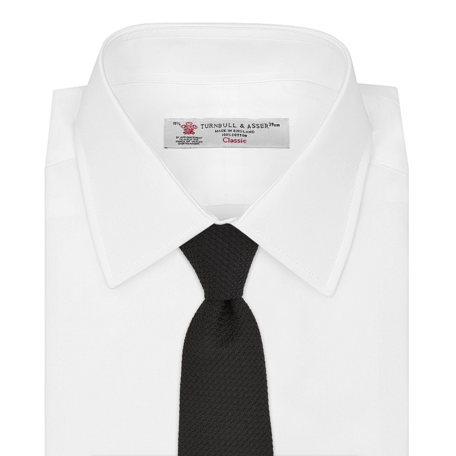 View 2 of product The Turnbull & Asser Long Black Grenadine Silk Tie features a subtle woven pattern and knitted appearance, shown rolled at one end against a plain white background.