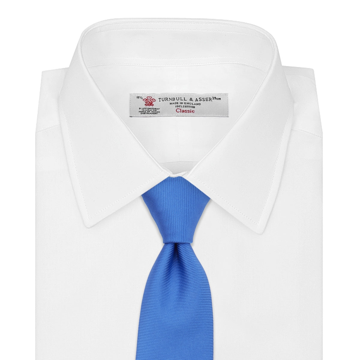View 2 of product The Turnbull & Asser Slim Royal Blue Twill Silk Tie features a refined twill texture in bright blue, displayed on a white background—an ideal smart accent to pair with cotton shirts.