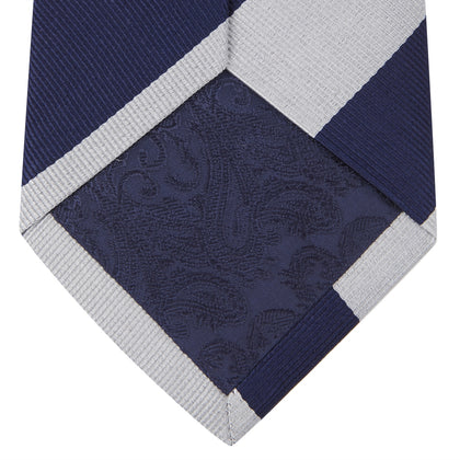 Long Navy and Off-White Block Stripe Repp Silk Tie Image 2