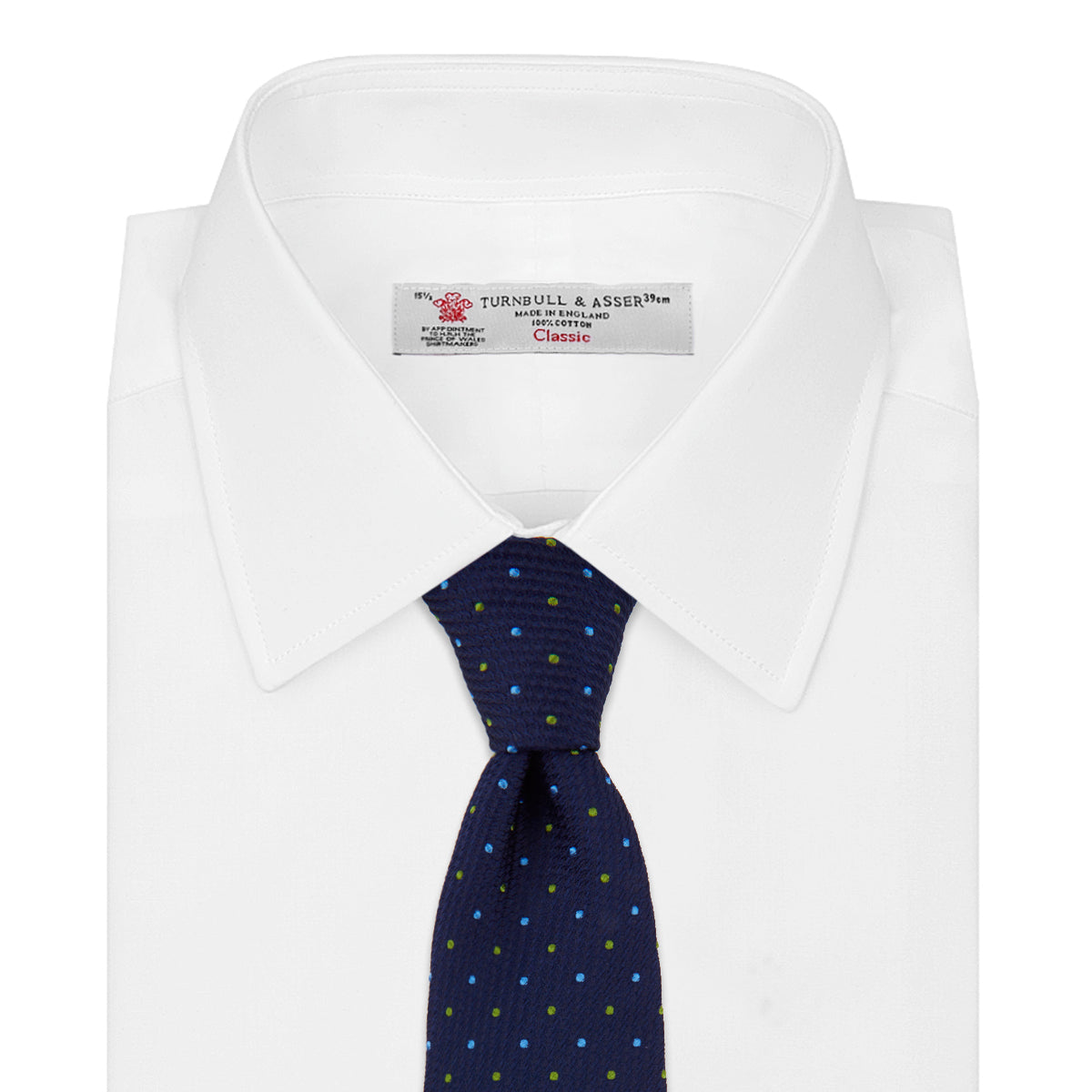 View 2 of product The Turnbull & Asser Navy, Blue & Green Spot Lace Silk Tie features small, evenly spaced blue and green spots—perfect for adding a refined touch to your favorite office shirt.