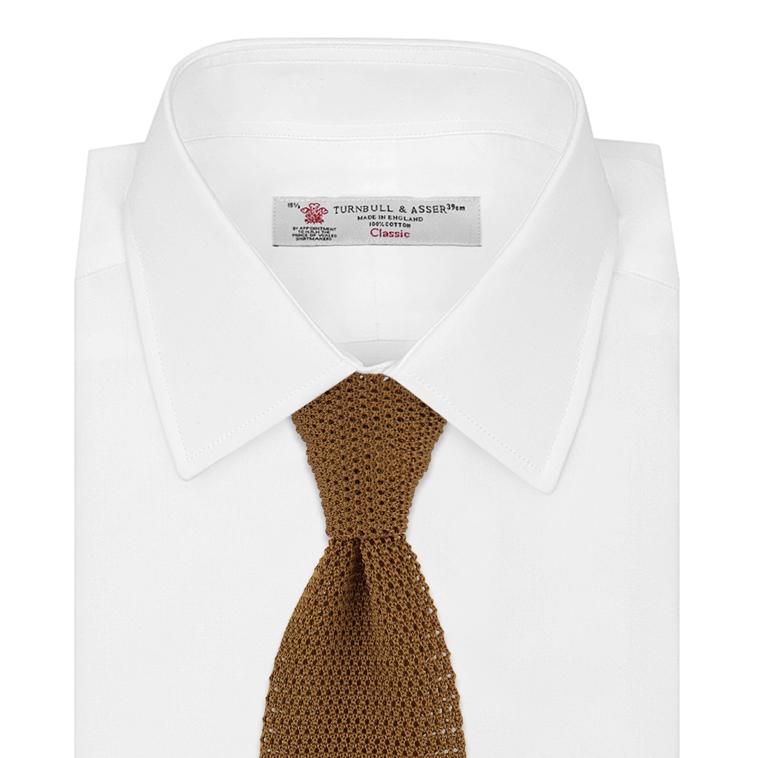 View 2 of product The Gold Knitted Silk Tie by Turnbull & Asser, featuring a textured pattern, is elegantly displayed on a plain white background.