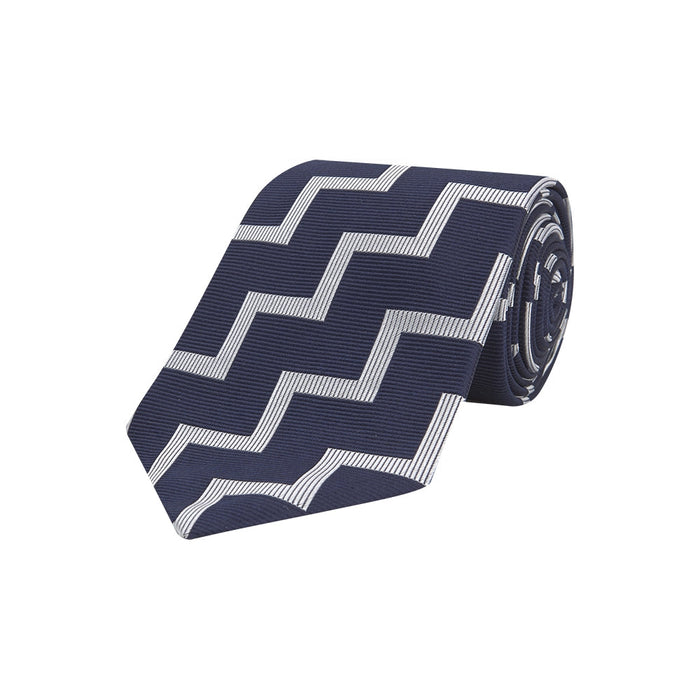 Navy and White Striped Zigzag Silk Tie Image 4
