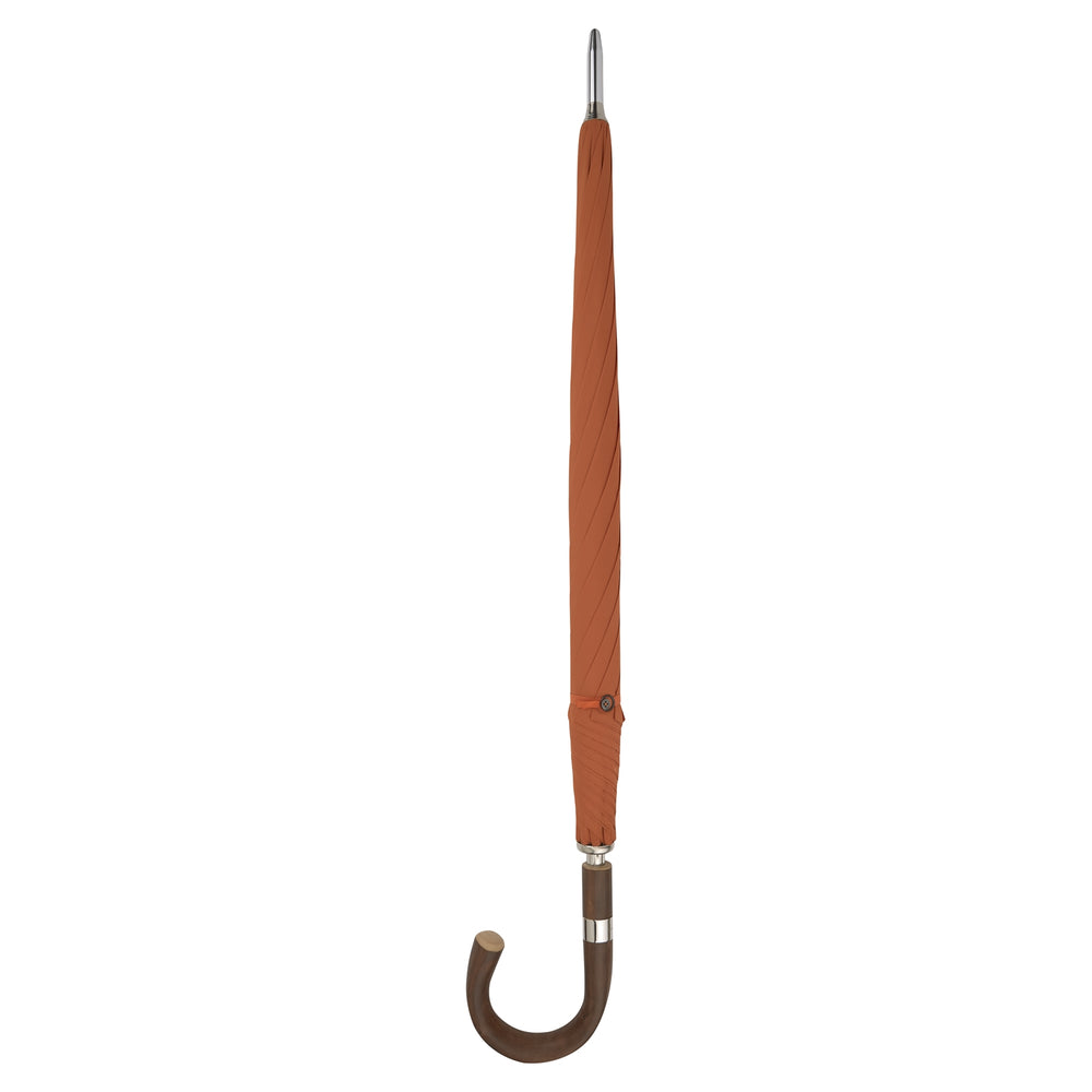 The Turnbull & Asser Orange Umbrella with Chestnut Crook features a vibrant canopy, elegant curved chestnut handle, and sturdy metal shaft, offering stylish weather protection. Displayed on a white background.