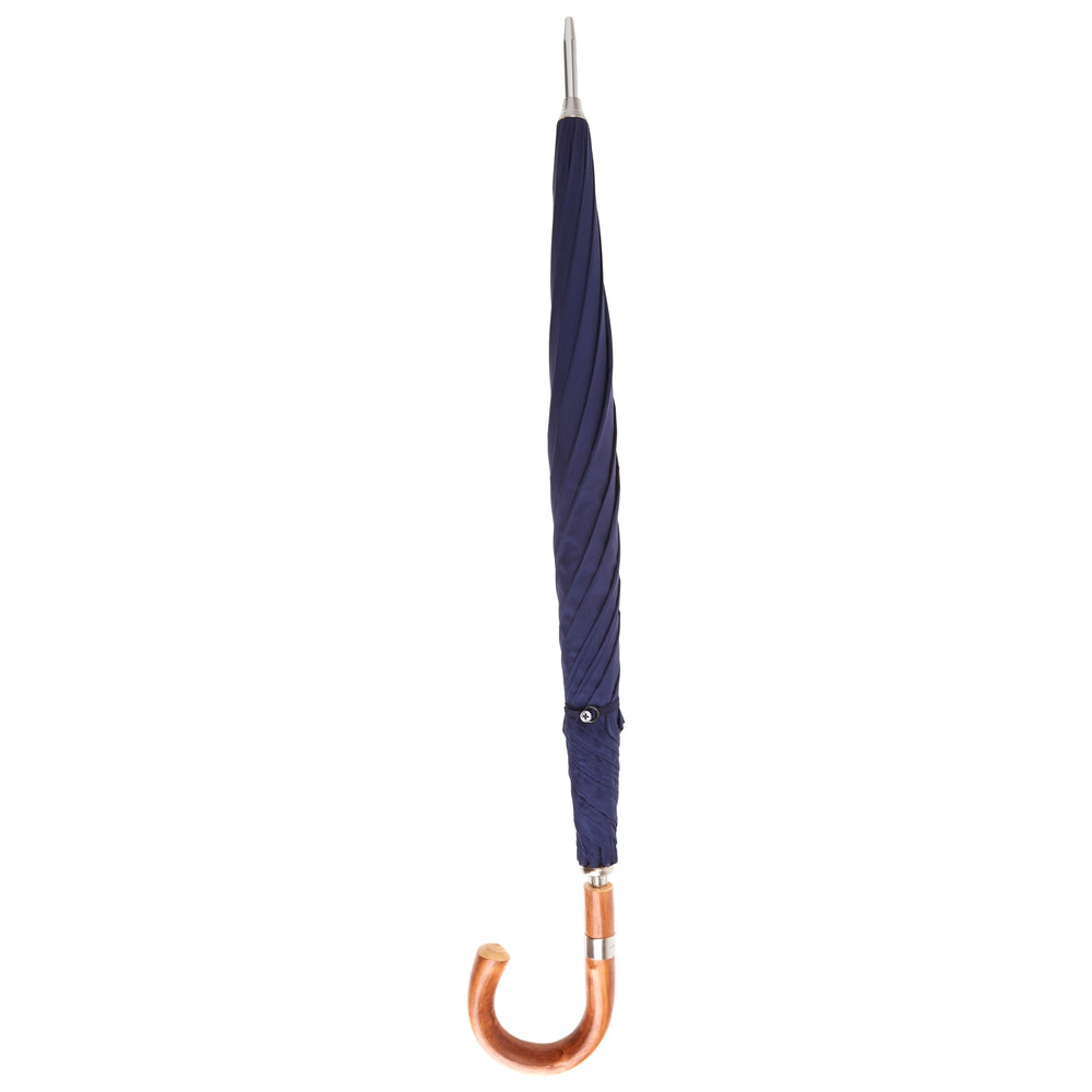 The Turnbull & Asser Navy Umbrella with Chestnut Crook features a curved wooden handle and silver metal shaft, designed for durability in English weather and shown against a plain white background.