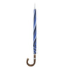 View 2 of product The Turnbull & Asser Sky, Royal Blue and Navy Umbrella with Chestnut Crook features alternating blue panels, a chestnut curved handle, and a silver shaft, making it stand out against a plain white background.