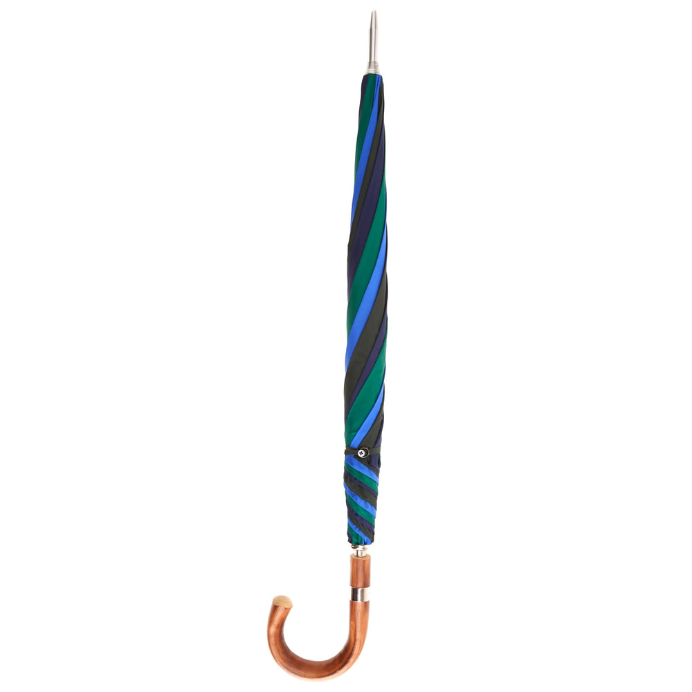 The Turnbull & Asser Blue and Green Umbrella with Chestnut Crook features three colored panels—navy, green, bright blue—and a sturdy chestnut handle with a silver shaft, ideal for English weather. Shown on a plain white background.