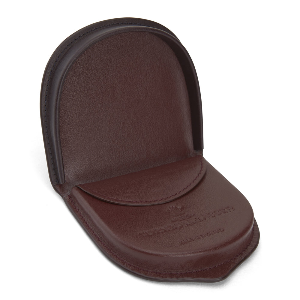 A dark brown Turnbull & Asser Violla Leather Tray Purse coin pouch with curved edges and visible border stitching, displayed on a plain white background for a classic, refined look.