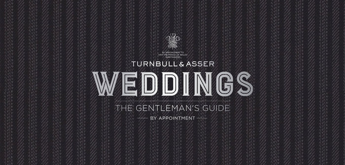 Dark patterned background with the text: Turnbull & Asser Weddings - The Gentlemans Guide by appointment, in large, elegant lettering, promoting a bespoke wedding service.