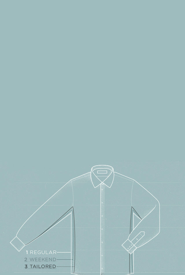 Line drawing of a shirt showing the differences between regular, weekend, and tailored fits.