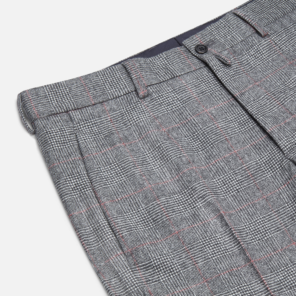 Turnbull & Asser's Grey and Red Check Rupert Trousers feature a tailored fit, straight-leg design, subtle red Prince of Wales check, and front button with zipper closure, displayed against a plain white background.